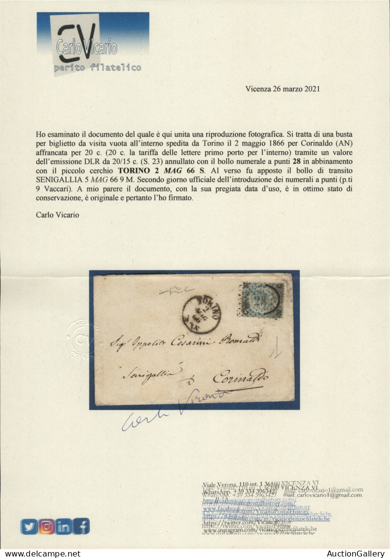 Regno - Vittorio Emanuele II - Bustina Affrancata Con 20 Su 15 Cent (23) Da Torino (numerale 28) A Corinaldo Del 2.5.66  - Sonstige & Ohne Zuordnung