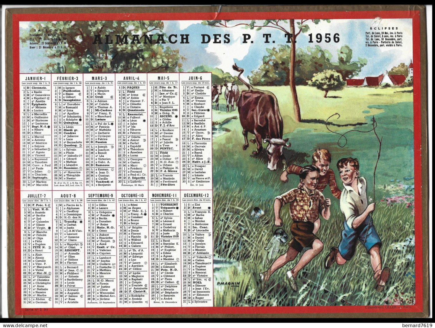 Almanach  Calendrier  P.T.T  -  La Poste -  1956 - P Magnin   - Jeux D'enfants - Grossformat : 1941-60