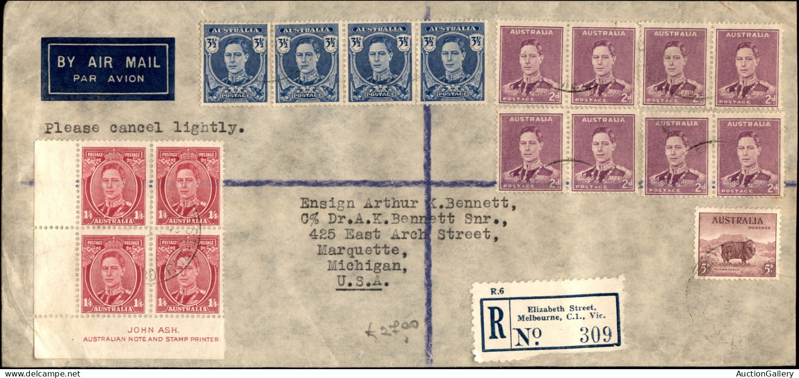 Aerogrammi  - Australia - 1945 - Aerogramma Raccomandato Affrancato Con 4 Coppie Del 2 Pence (142) + Striscia Di 5 Del 3 - Sonstige & Ohne Zuordnung