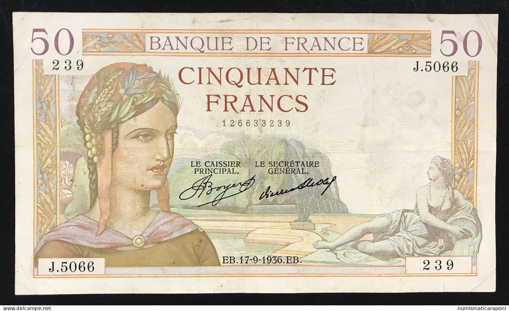 Francia 50 Francs  1934-1940 Cérès 17 09 1936 Km#81 Pressata Lotto 681 - 50 F 1934-1940 ''Cérès''