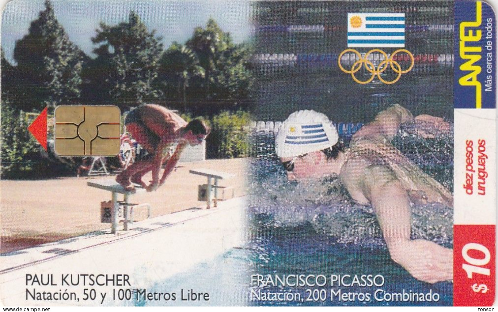 Uruguay, UY-ANT-TC136a (b), Olympics Sydney 2000, Swimming, 2 Scans.  Red In Chip. - Uruguay