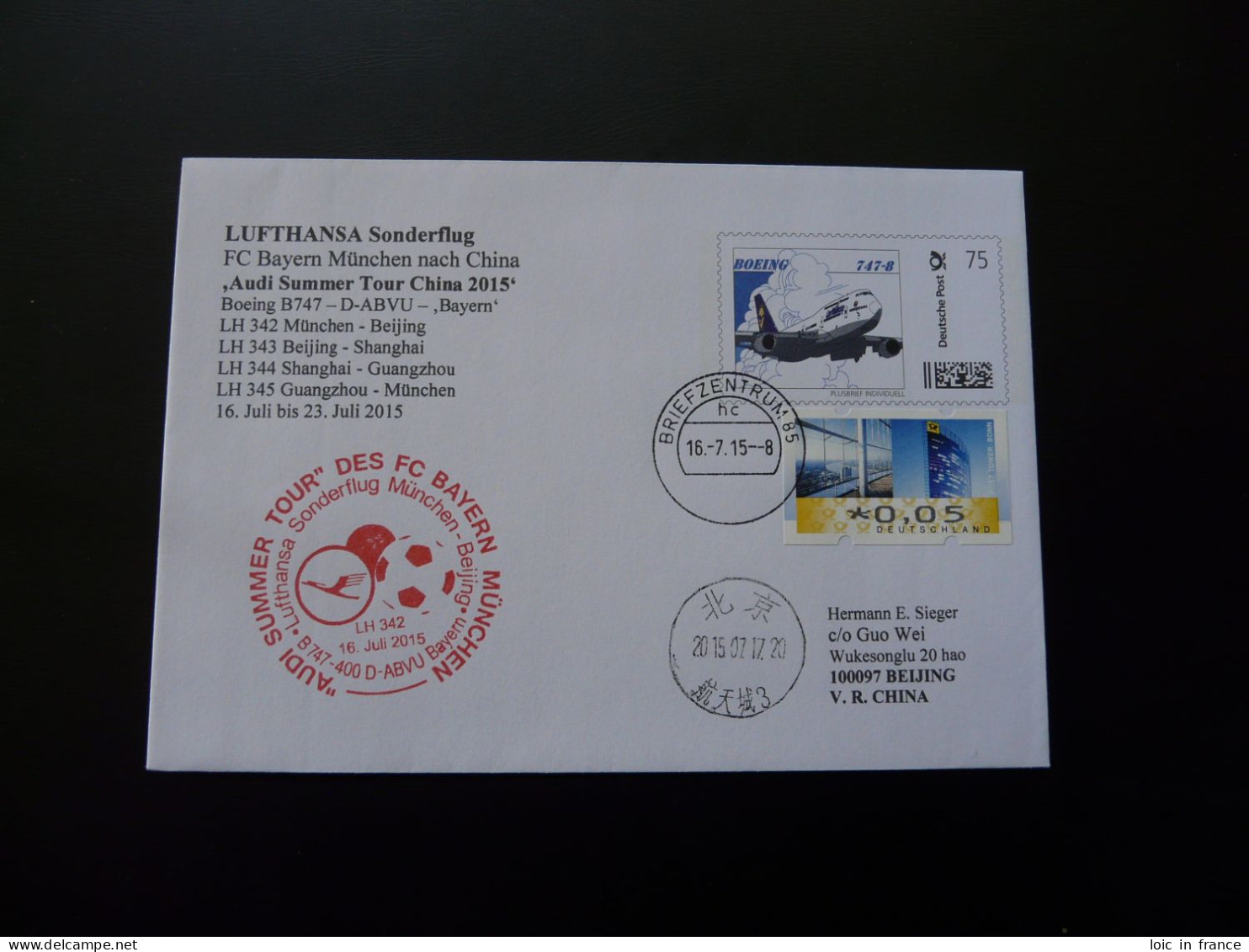 Lettre Vol Special Flight Cover Munchen Beijing FC Bayern Audi Summer Tour China Lufthansa 2015 - Famous Clubs