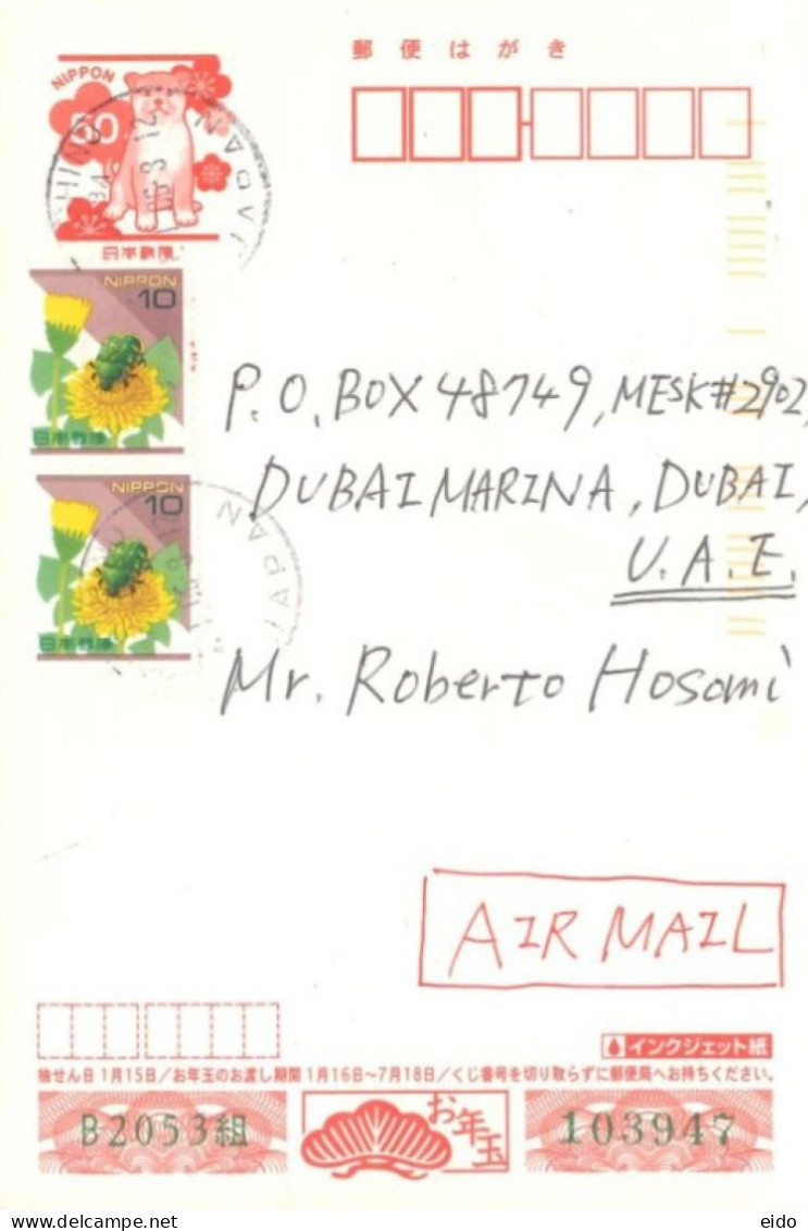 JAPAN  - 2012,  HAPPY NEW YEAR POSTCARD WITH STAMPS SENT TO DUBAI. - Storia Postale
