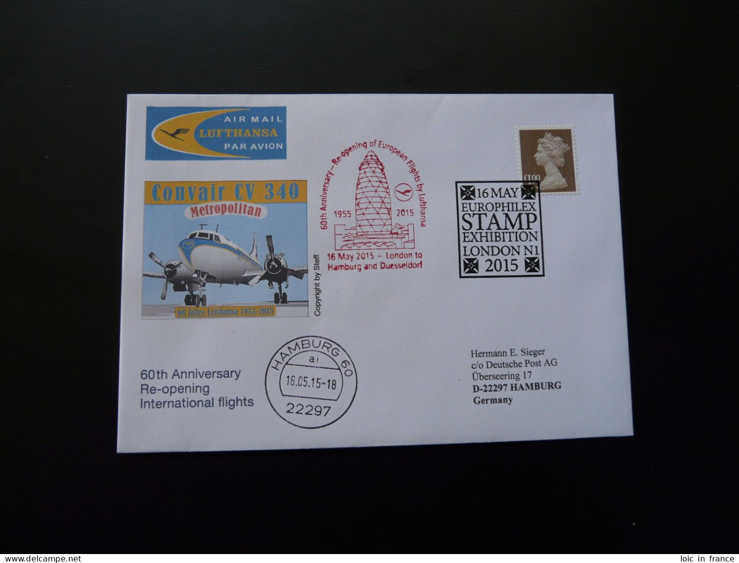 Lettre Vol Special Flight Cover London Europhilex Exposition To Hamburg Lufthansa 2015 - Brieven En Documenten