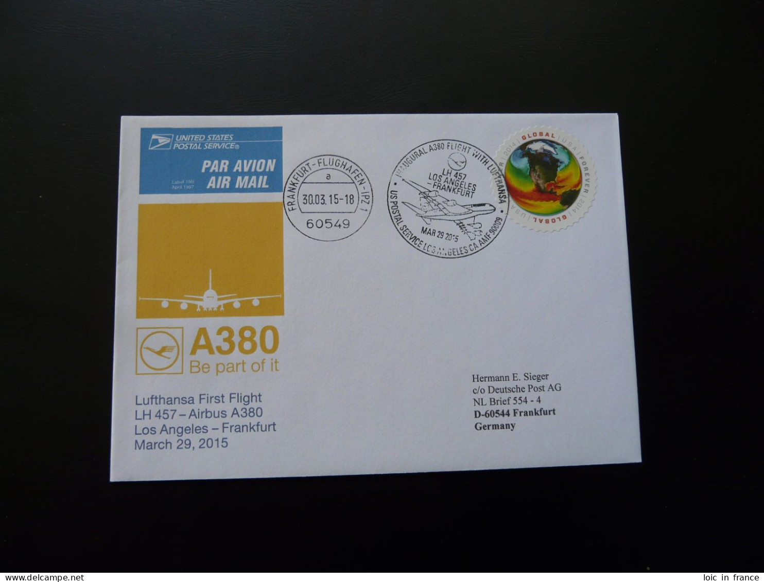 Lettre Premier Vol First Flight Cover Los Angeles Frankfurt Airbus A380 Lufthansa 2015 - Briefe U. Dokumente