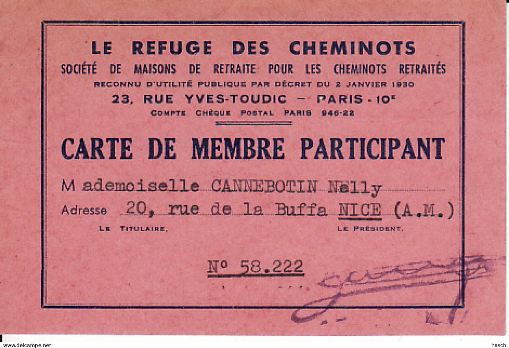 264797 Cheminot, Carte De Membre Participant  - Spoorweg