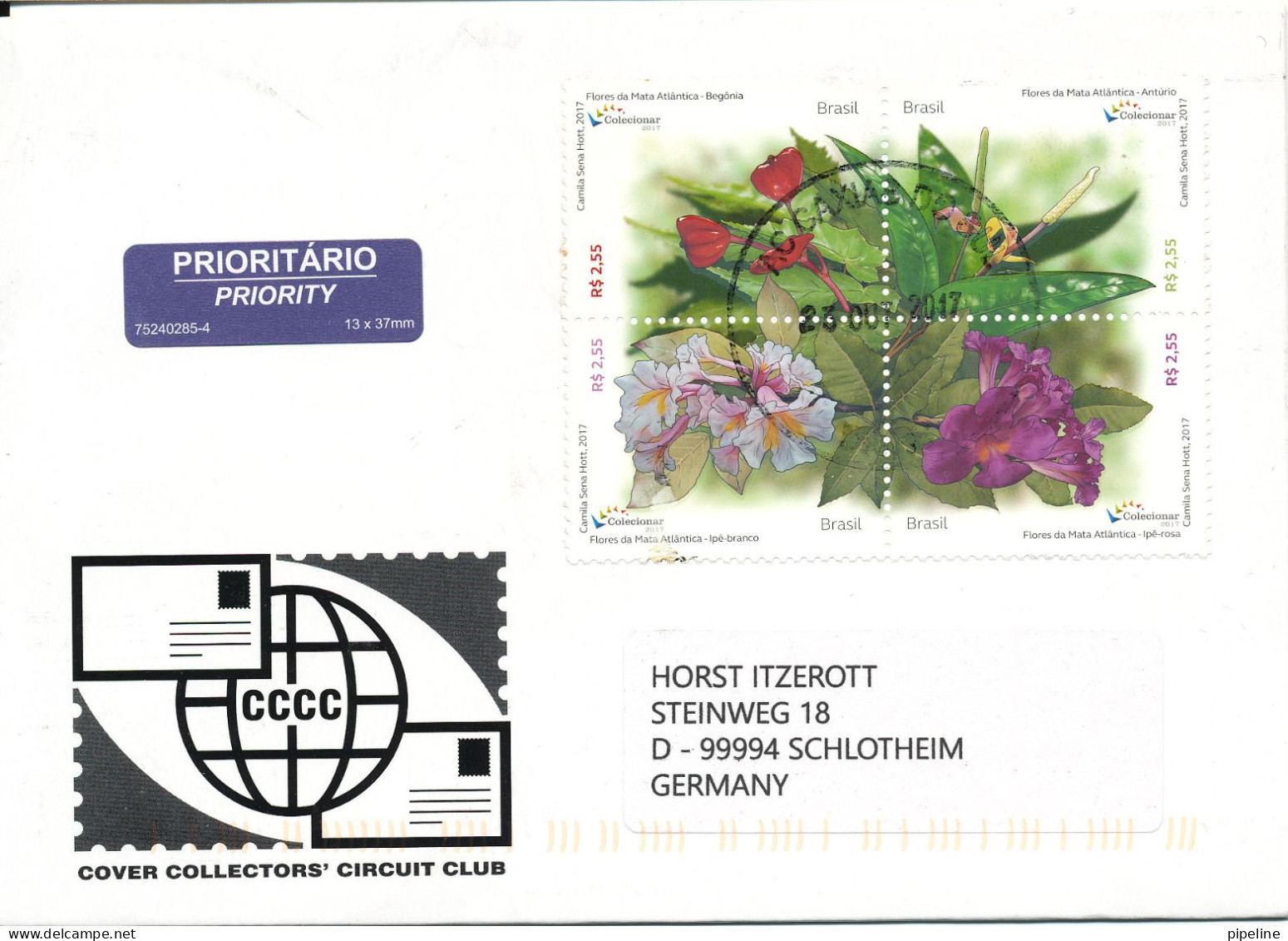 Brazil Cover Sent To Germany 23-10-2017 In Block Of 4 FLOWERS Very Nice Cover - Covers & Documents