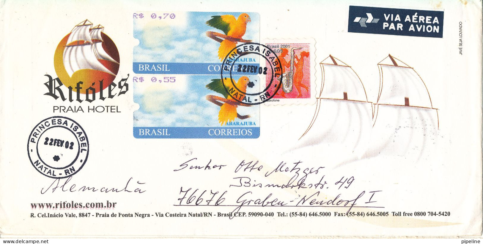 Brazil Cover Sent Air Mail To Germany With ATM Labels Princesa Isabel 22-2-2002 (Hotel Rifoles) - Covers & Documents