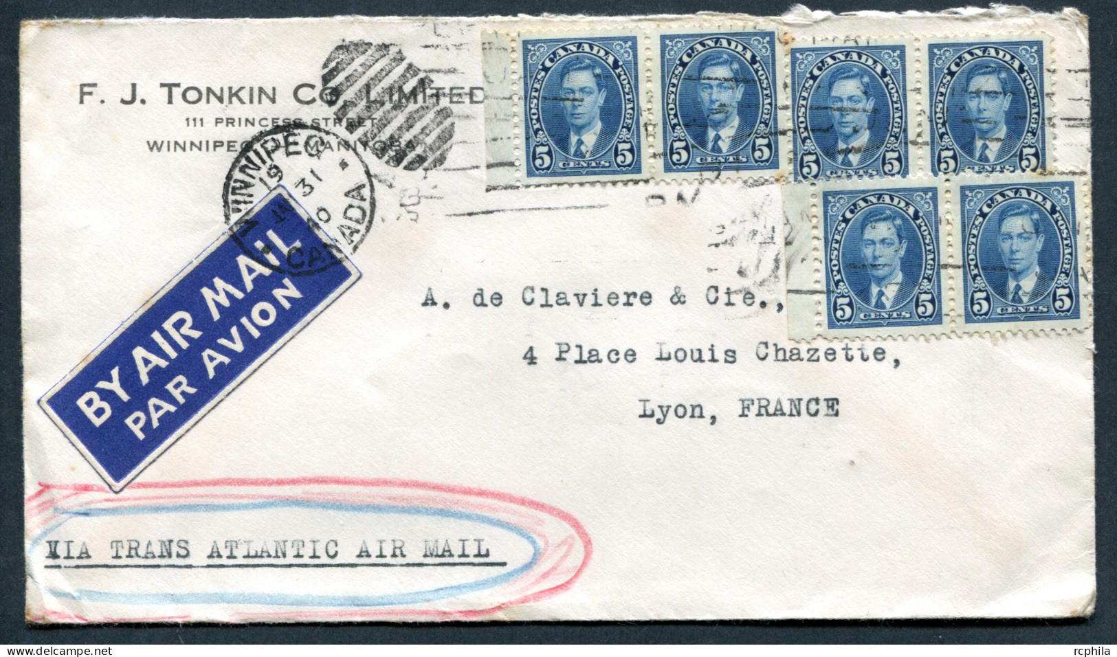 RC 27113 CANADA 1940 WWII WINNIPEG MANITOBA VIA TRANS ATLANTIC AIR MAIL POUR LYON FRANCE - Postal History