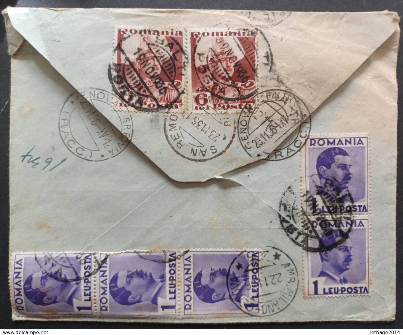 ROMANIA 1936 REGISTERED MAIL COVER TO ITALY MANY STAMPS -- GIULY - Briefe U. Dokumente