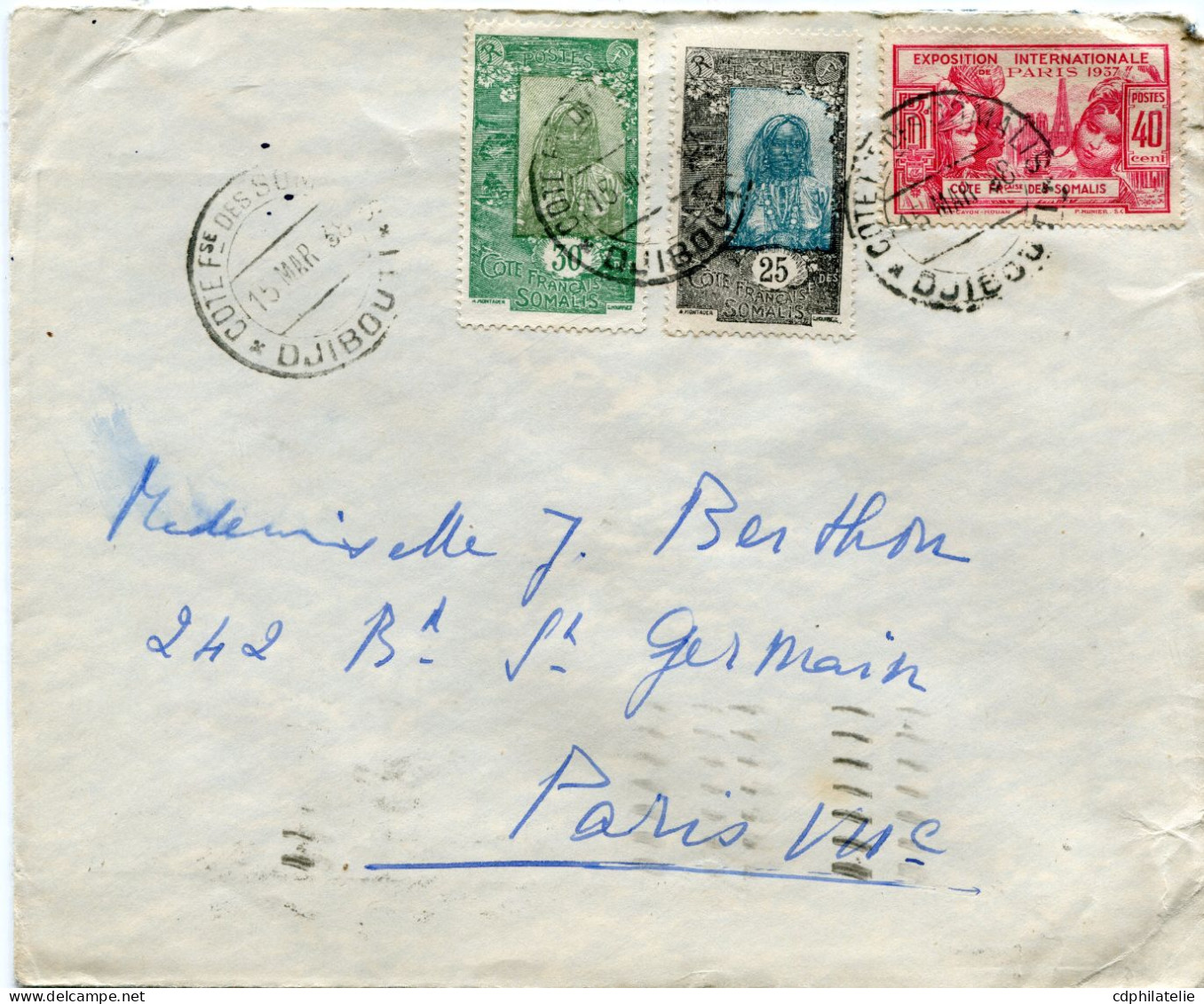 COTE FRANCAISE DES SOMALIS LETTRE DEPART DJIBOUTI 15 MAR 38 POUR LA FRANCE - Storia Postale