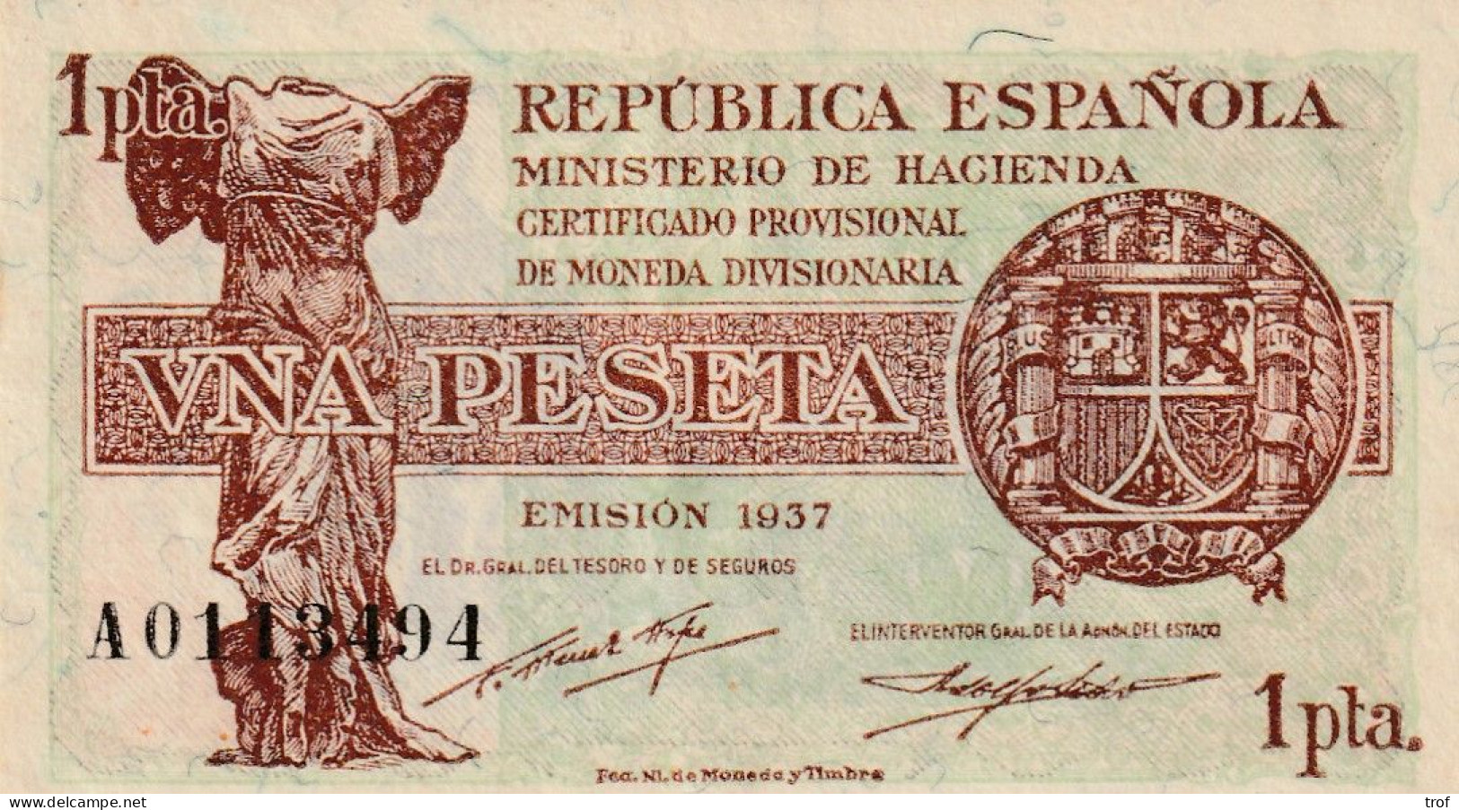 Billet Républica Espanola Ministério De La Hacienda 1 Pta N°A0113494 émision 1937 - 1-2 Pesetas