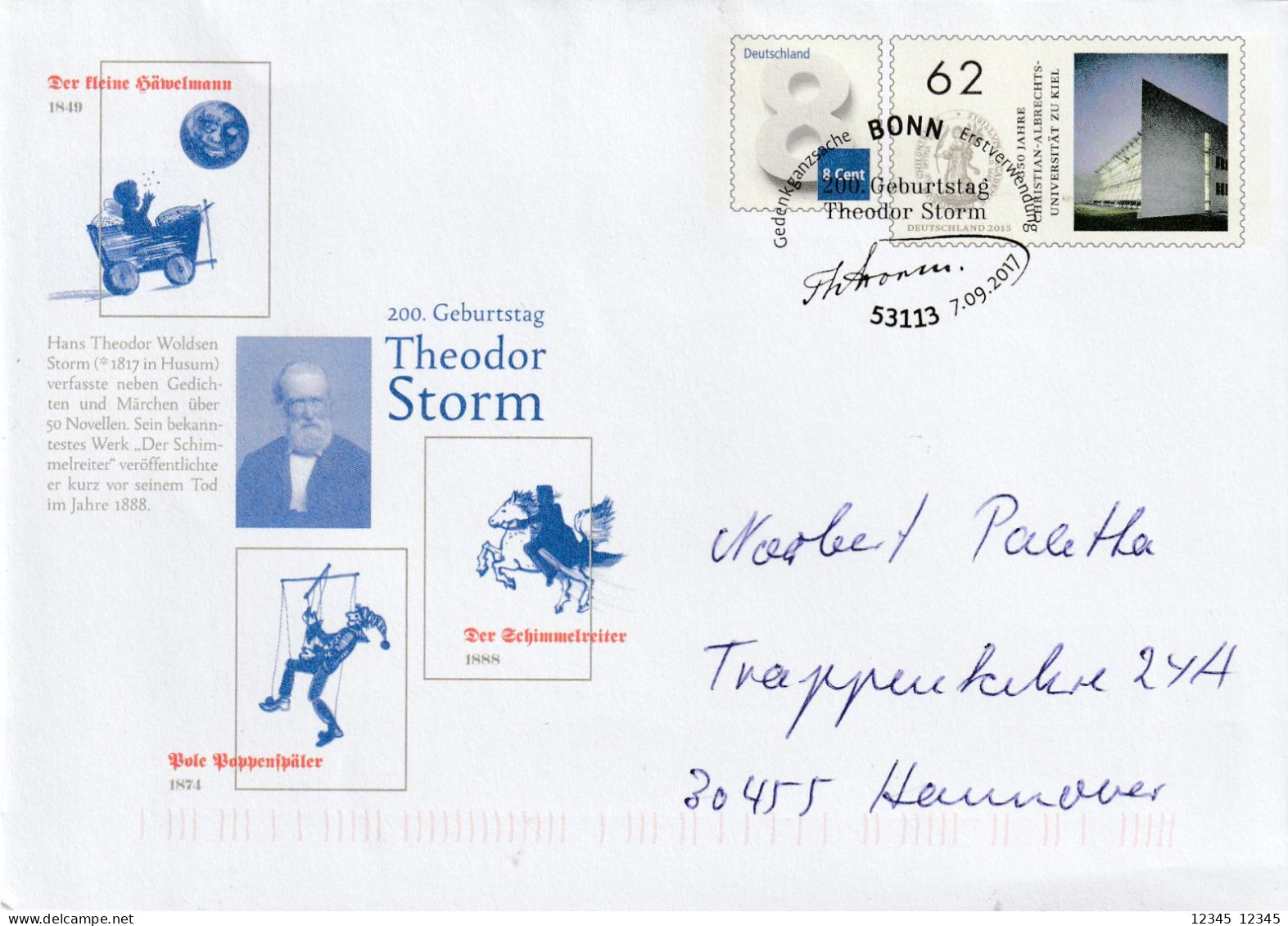2017, Prepayed Letter Sent To Hannover, 200th Birthday Theodor Storm - Privatumschläge - Ungebraucht