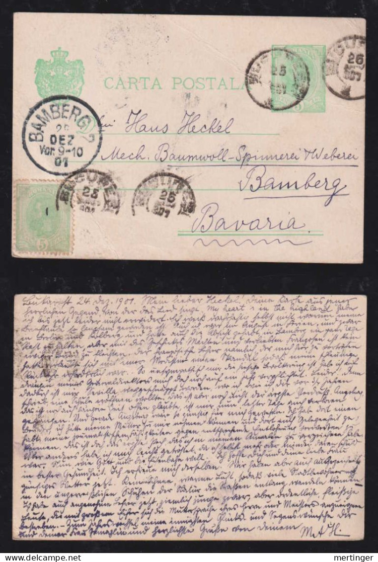 Rumänien Romania 1901 Stationery Postcard Uprated BUCURESTI X BAMBERG Bavaria Germany - Brieven En Documenten