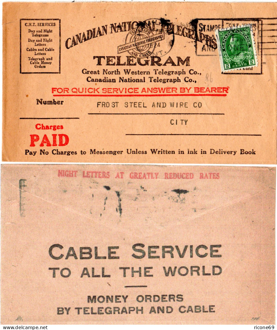 Kanada 1924, 2 C. Auf Canadian National Telegraphs Telegram Umschlag V. Hamilton - Postgeschiedenis