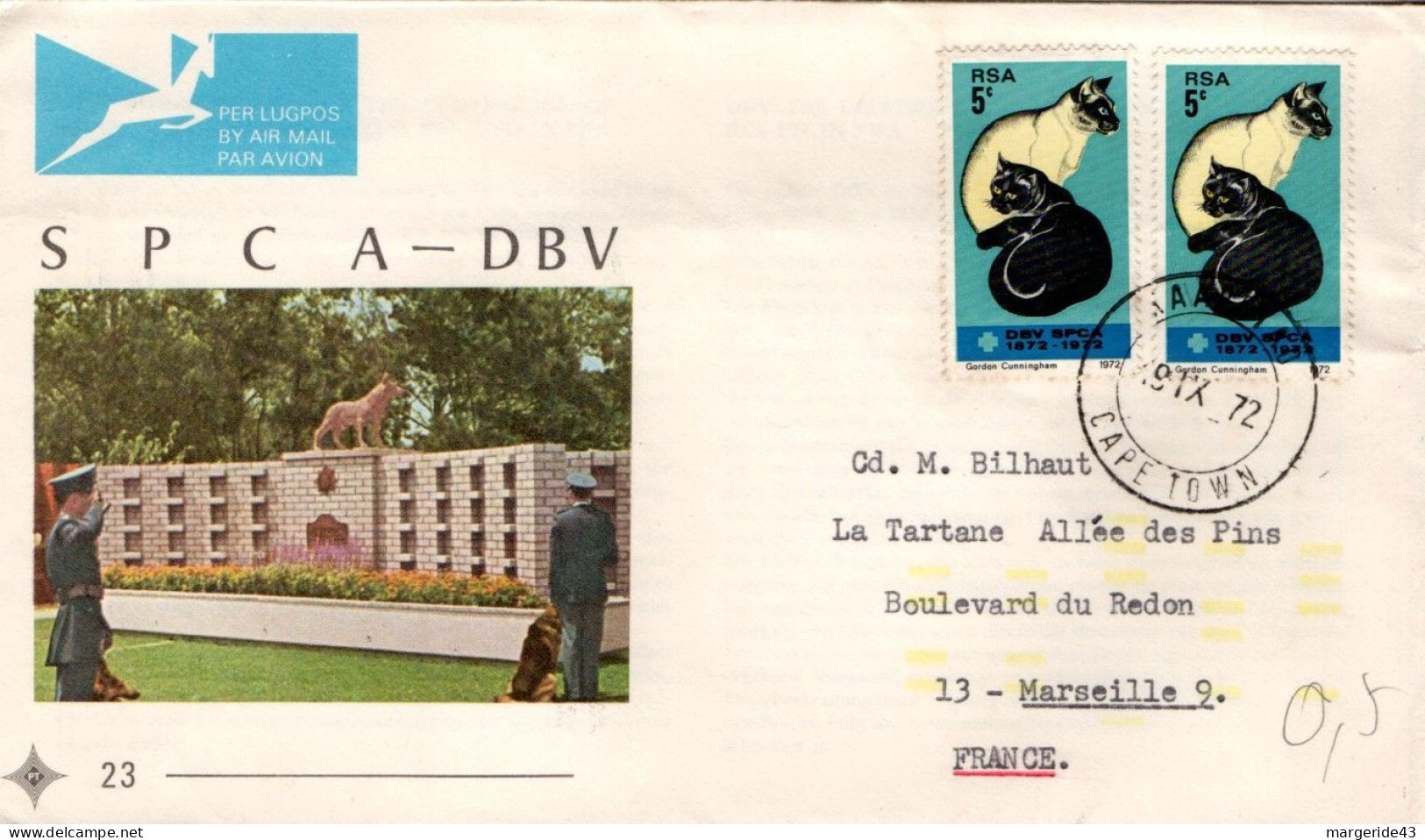 AFRIQUE DU SUD AFFRANCHISSEMENT COMPOSE SUR LETTRE  POUR LA FRANCE 1972 - Lettres & Documents