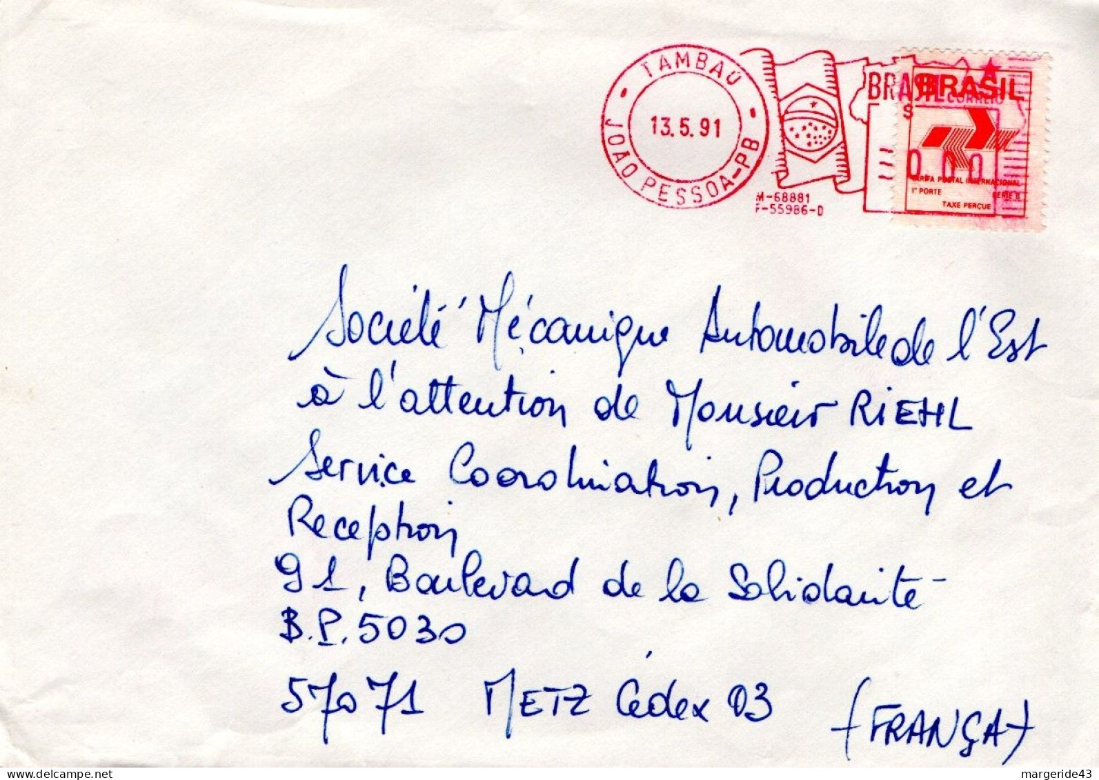 BRESIL TP + EMA SUR LETTRE POUR LA FRANCE 1991 - Briefe U. Dokumente