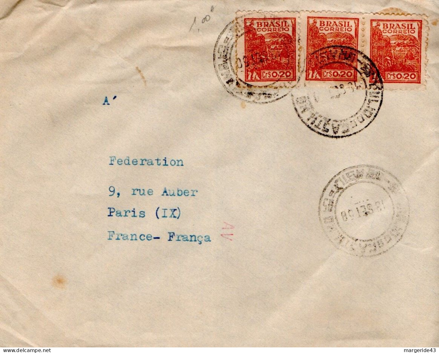 BRESIL AFFRANCHISSEMENT COMPOSE SUR LETTRE POUR LA FRANCE 1950 - Storia Postale