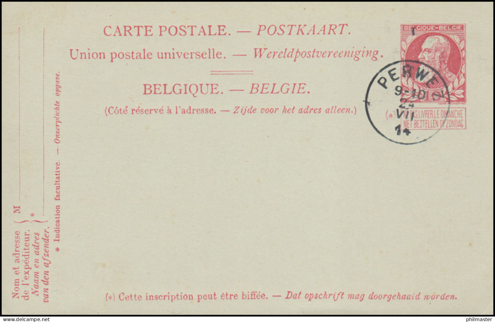 Belgien Postkarte P 42 Leopold Mit Gefälligkeitsstempel PERWEZ 24.7.1914 - Sonstige & Ohne Zuordnung