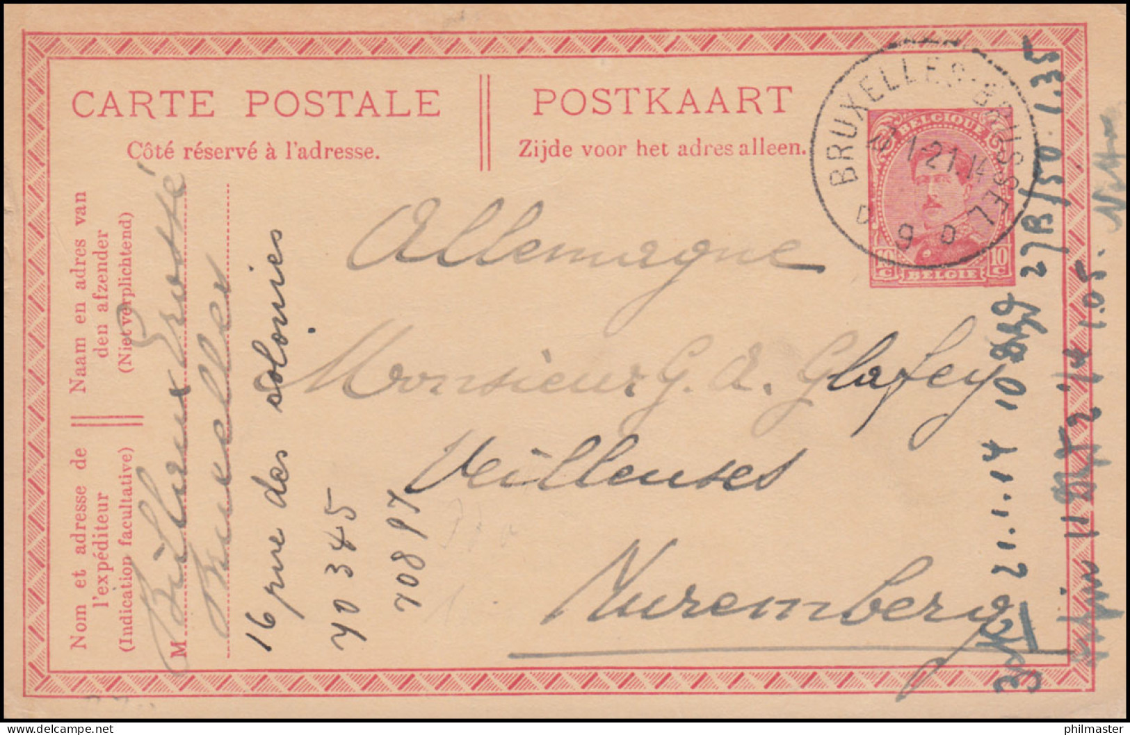 Belgien Postkarte P 70 König Albert Aus BRÜSSEL / BRUXELLES 27.1.1921 - Sonstige & Ohne Zuordnung