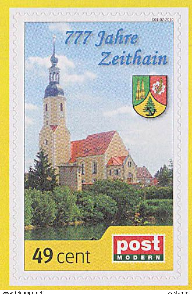 Zeithain Sachsen **, Postmodern Privatpost Wunschbriefmarke 001-07-2010, Kirche,  777 Jahre Wappen - Privados & Locales