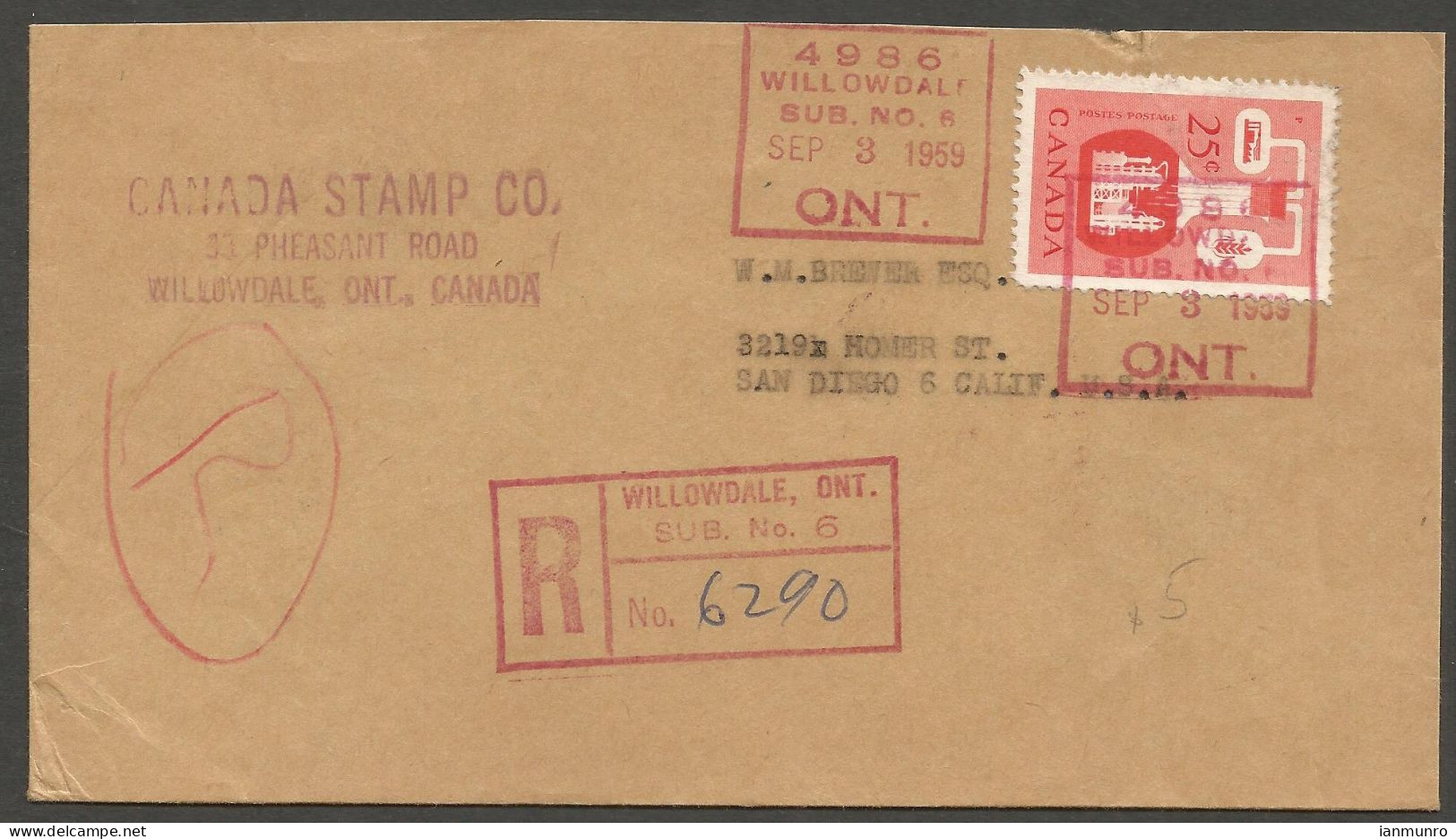 1959 Stamp Dealer Registered Cover 25c Chemical RPO MOON Willowdale Ontario To USA - Postgeschichte
