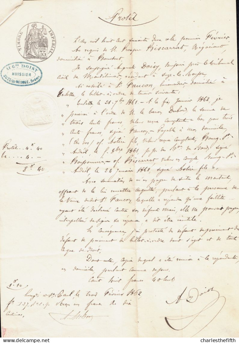 EFFET DE COMMERCE 1862 + PROTET HUISSIER * TAMPON DE 200F à 300F - TULETTE - ST PAUL 3 CHATEAUX - RARE ! - 1800 – 1899
