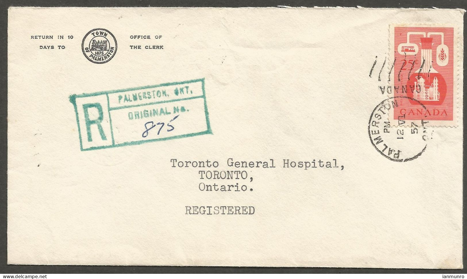 1957 Registered Corner Card Cover 25c Chemical RPO Duplex Palmerston Ontario - Postgeschichte