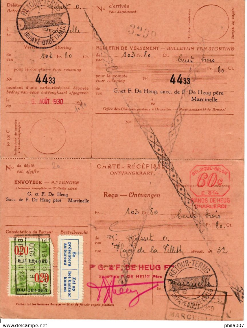 Belgium Meter Stamp EMA Freistempel 60c/ Carte Récépissé+bulletin Versement 1930 - ...-1959
