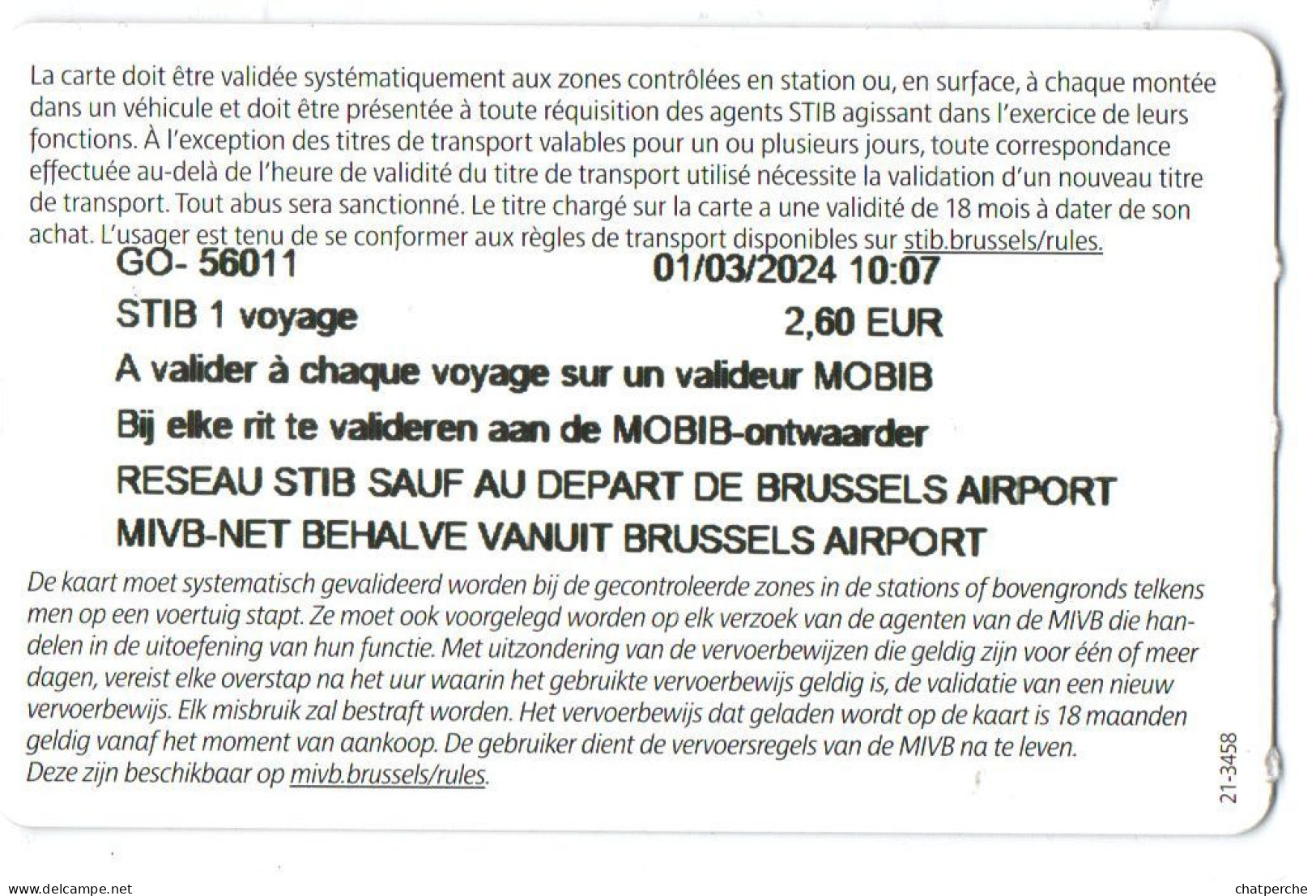 TRANSPORT METRO TRAMWAY AUTOBUS BELGIQUE TICKET BRUXELLES  BRUSSELS - Europe