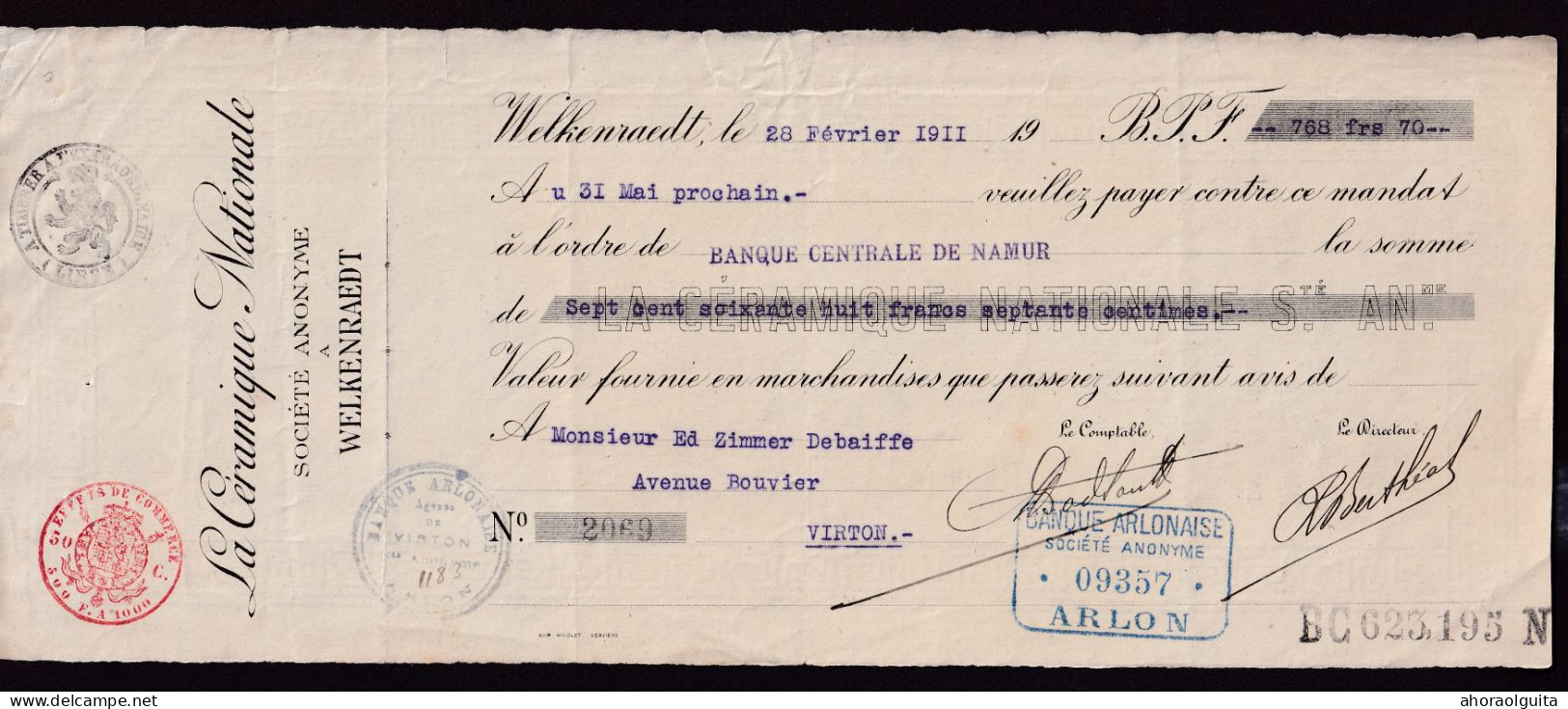 DDFF 701 -- Mandat Avec Sceaux Fiscaux WELKENRAEDT 1911 Vers VIRTON - Entete La Céramique Nationale S.A. - Documents