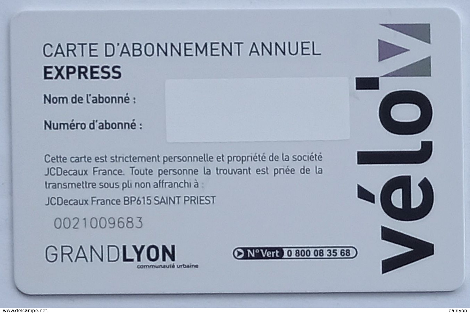 VELO GRAND LYON - Carte Abonnement Annuel Velo'v Express - Andere & Zonder Classificatie