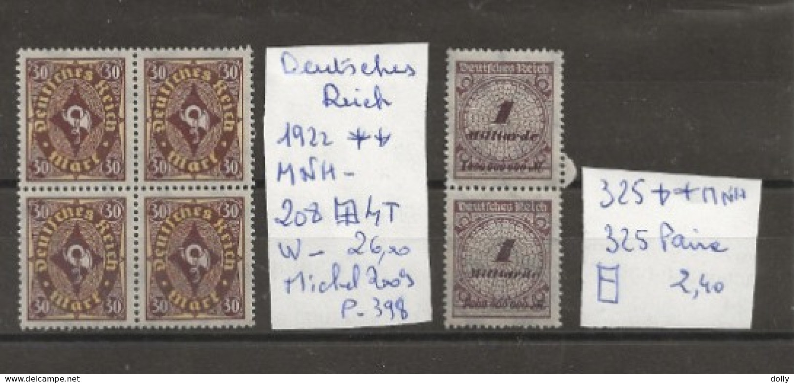 TIMBRE D ALLEMAGNE  DEUTSCHES REICH 1922 NEUF**MNH 1923  Nr 208 X4 W +1 PAIRE 325  COTE 28.40 € € - 1922-1923 Local Issues