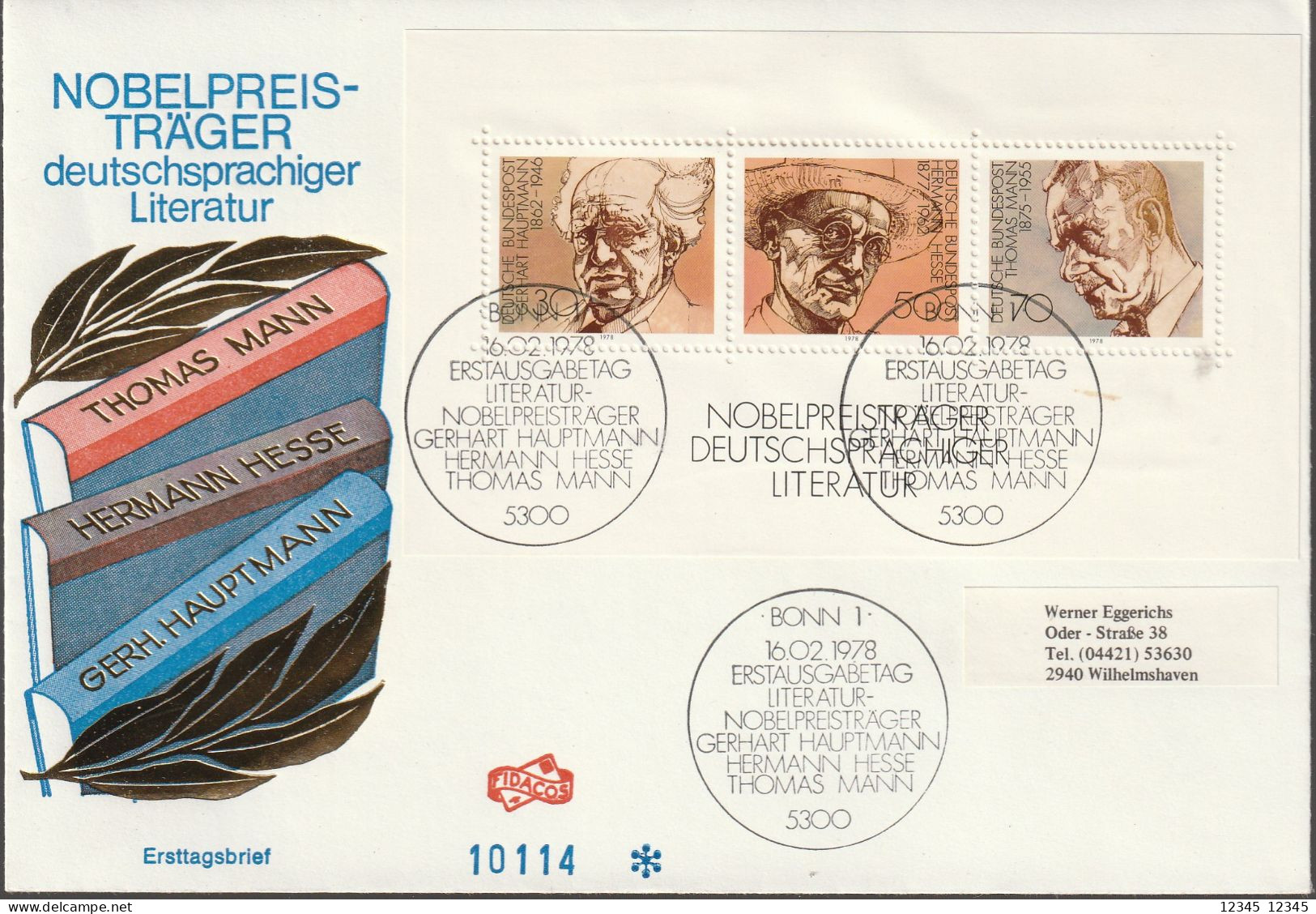 Duitsland 1978, FDC Sent To Wilhelmshaven, Books, Nobel Prize Winner For German-language Literature - 1971-1980