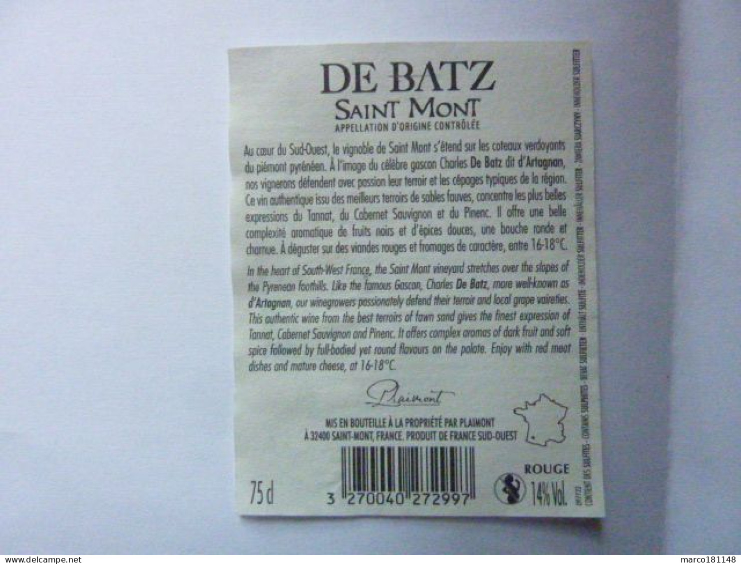 DE BATZ - Saint Mont - Terroir De Sables Fauves - 2018 - AOC - Rotwein