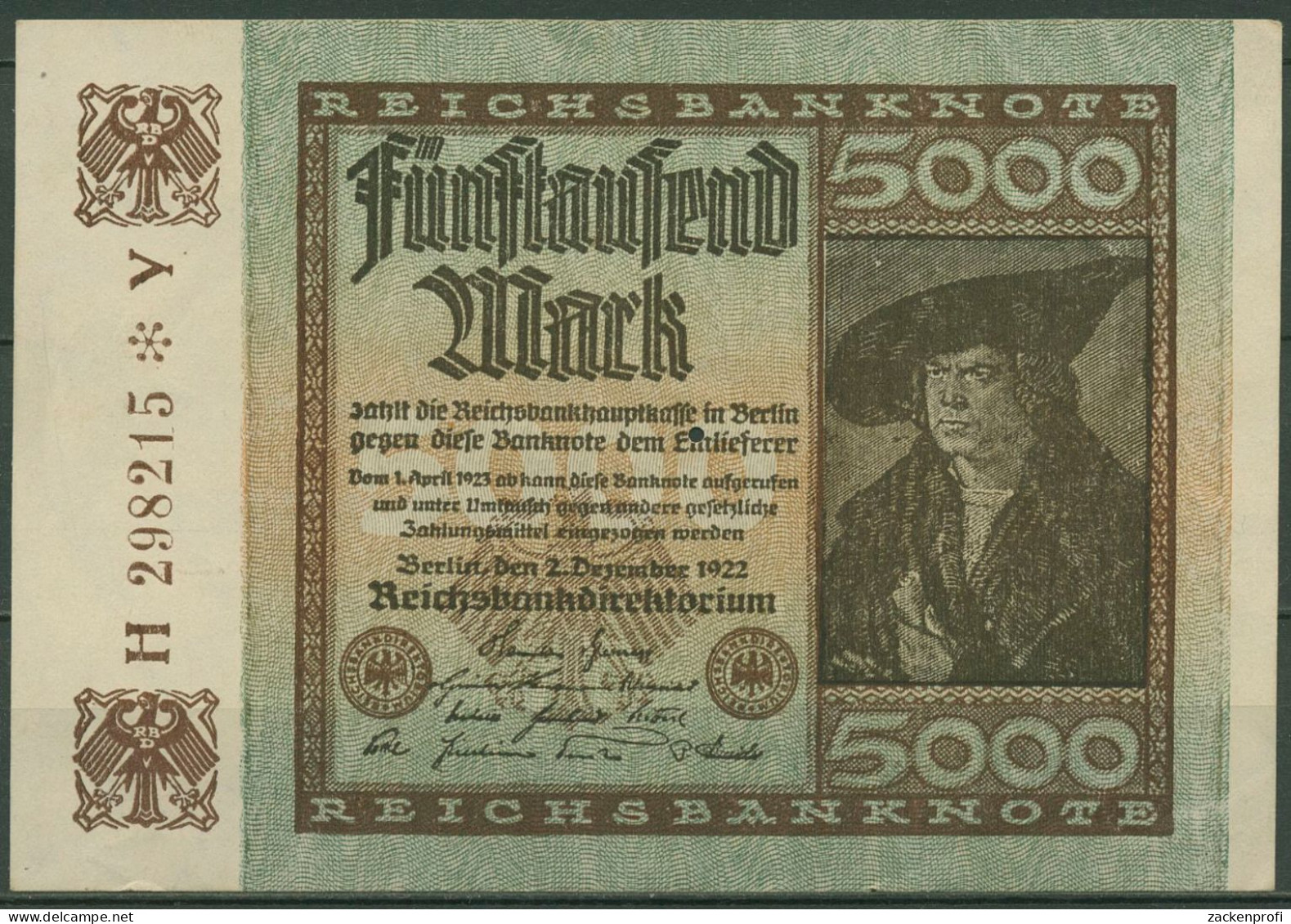 Dt. Reich 5000 Mark 1922, DEU-91f FZ Y, Fast Kassenfrisch (K1424) - 5.000 Mark