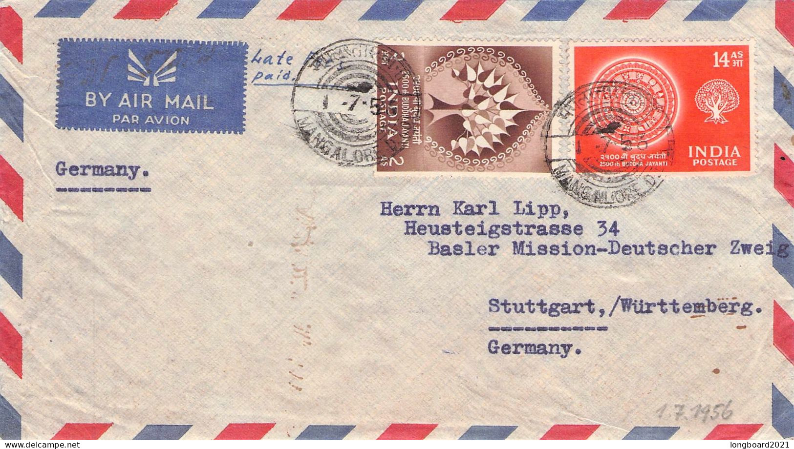 INDIA - AIRMAIL 1956 - STUTTGART/DE / 6107 - Lettres & Documents