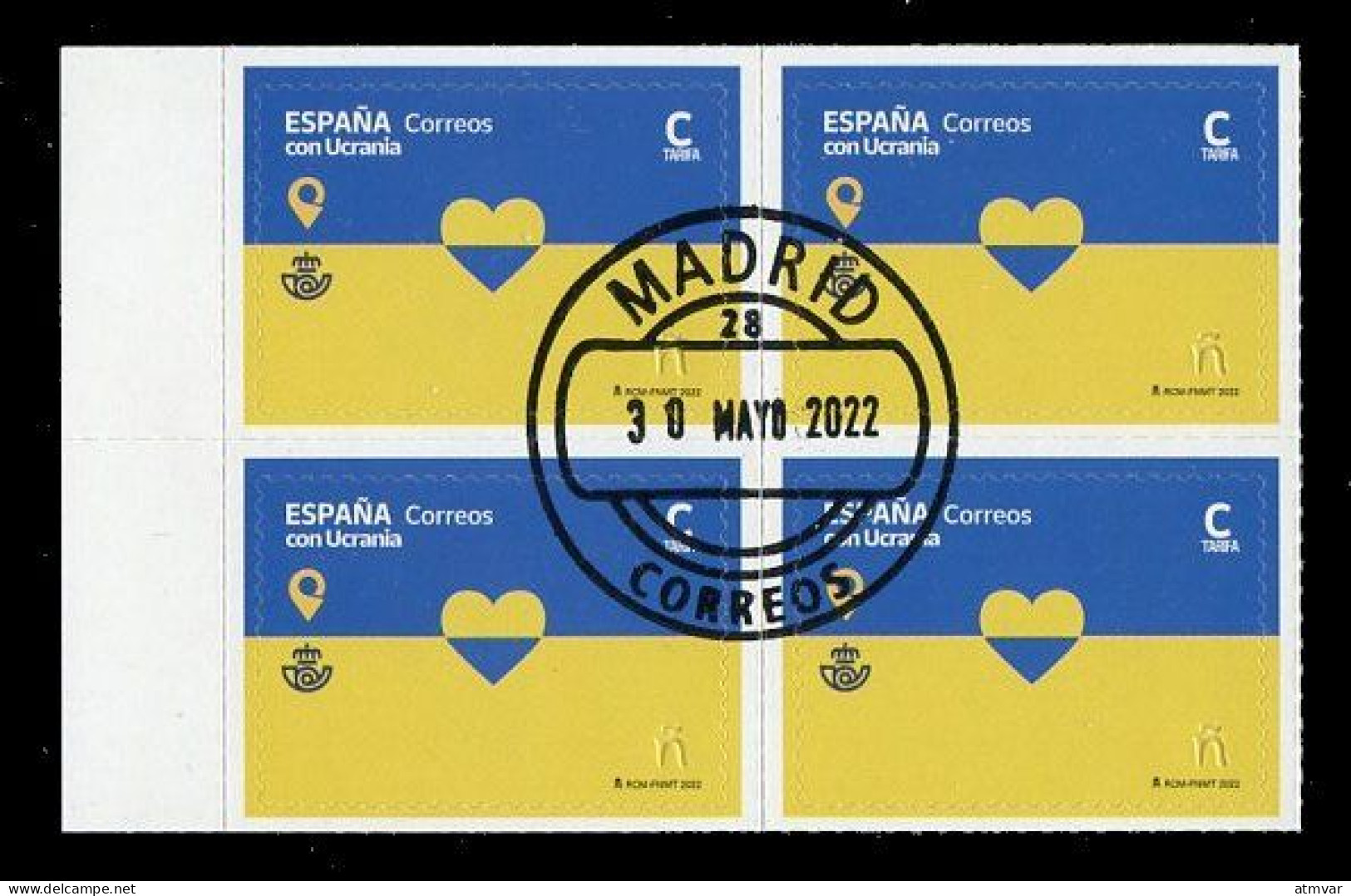 ESPAÑA (2022) ESPAÑA CON UCRANIA, Spain With Ukraine, Correos & Ukrposhta, Heart - Block Four, First Day Postmark - Gebraucht