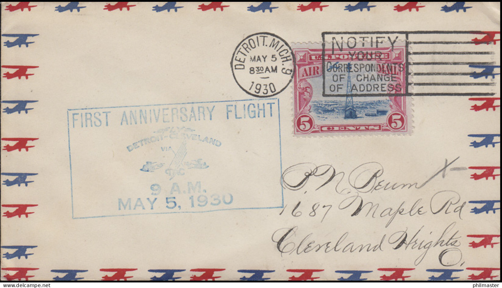 Erstflug Bordstempel Detroit - Cleveland 5.5.1930, EF Auf Brief Detroit 5.5.30  - Other & Unclassified