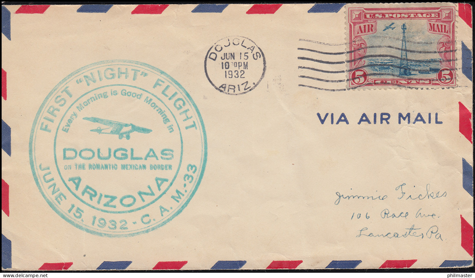 Erstflug FIRST NIGHT FLIGHT C.A.M. 33 Ab Douglas / Arizona 15.6.1932 - Otros & Sin Clasificación