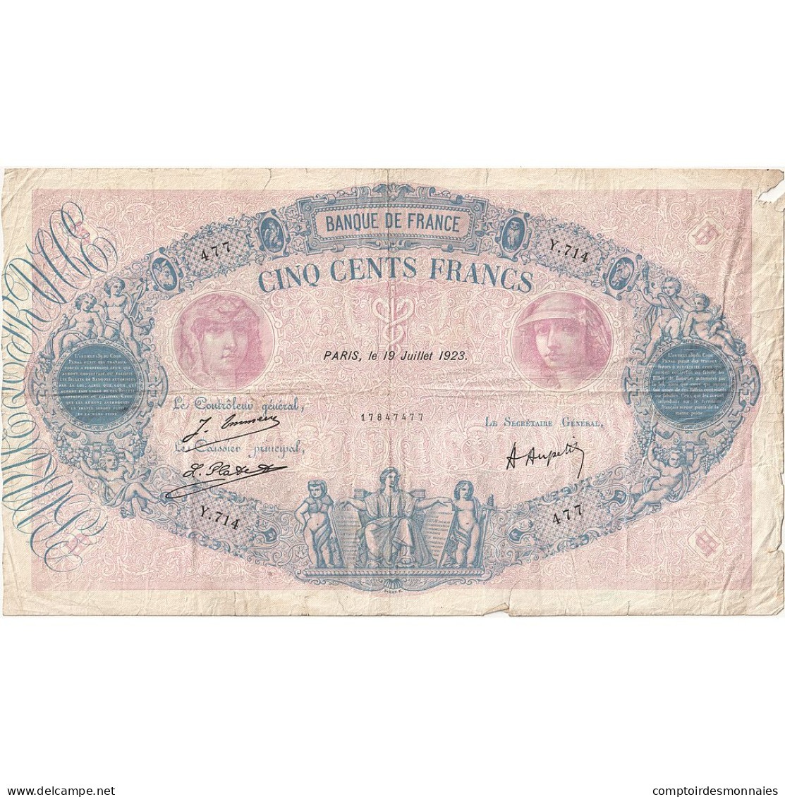 France, 500 Francs, Bleu Et Rose, 1923, Y.714, TB, Fayette:30.27, KM:66j - 500 F 1888-1940 ''Bleu Et Rose''