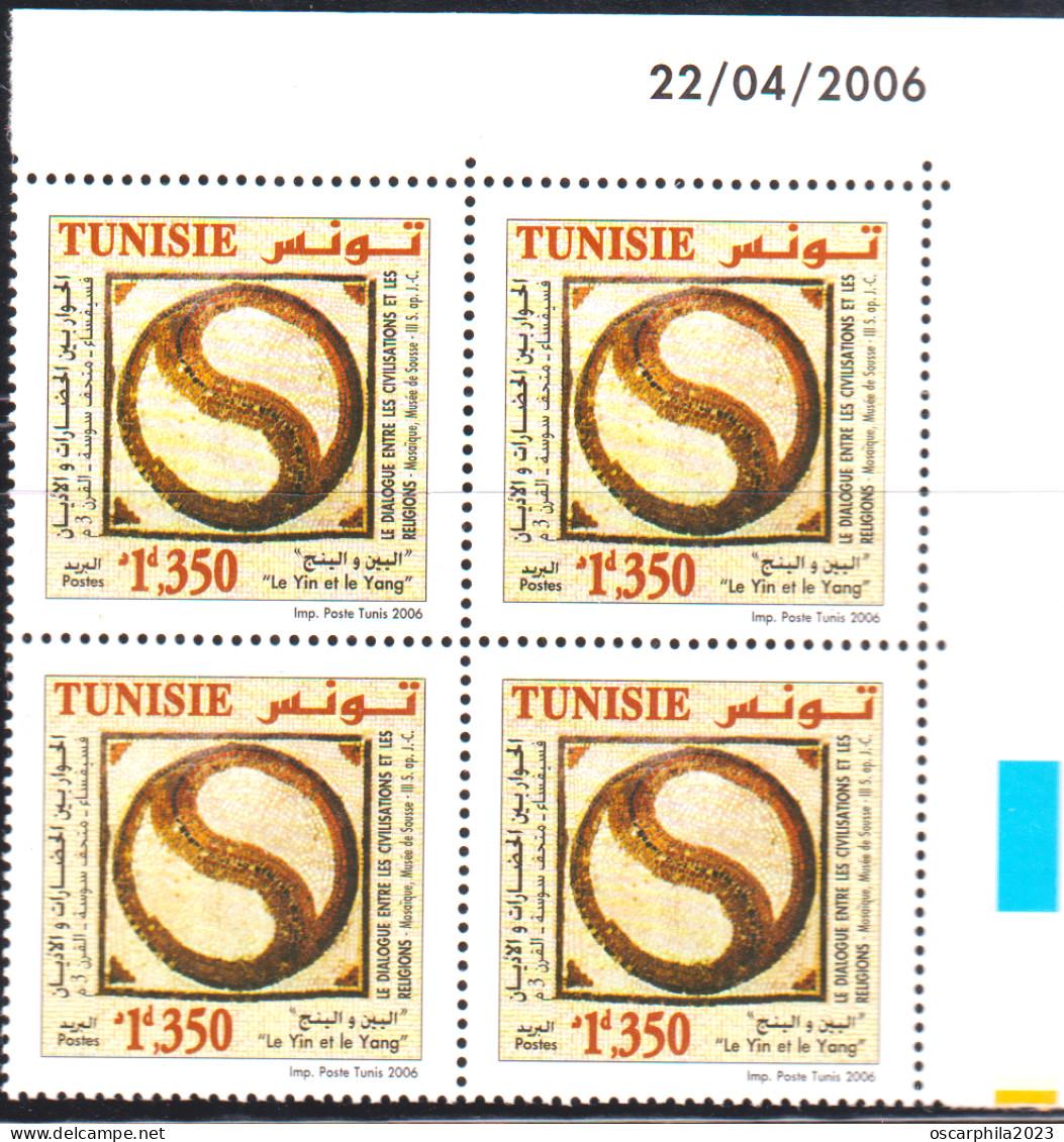 2006-Tunisie / Y&T 1568-Dialogue Civilisations/Réligions,Mosaïque Musée Sousse -IIIS.ap.J.C-bloc 4 Coin Daté / MNH****** - Schilderijen