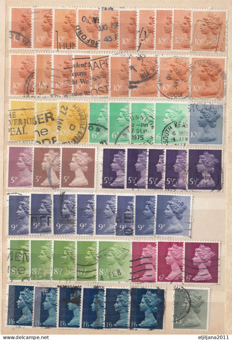 ⁕ GB / UK / QEII. ⁕ Queen Elizabeth II. Machin, definitives ⁕ 1970 stamps in two albums - see scan 37 pages (7v perfin)