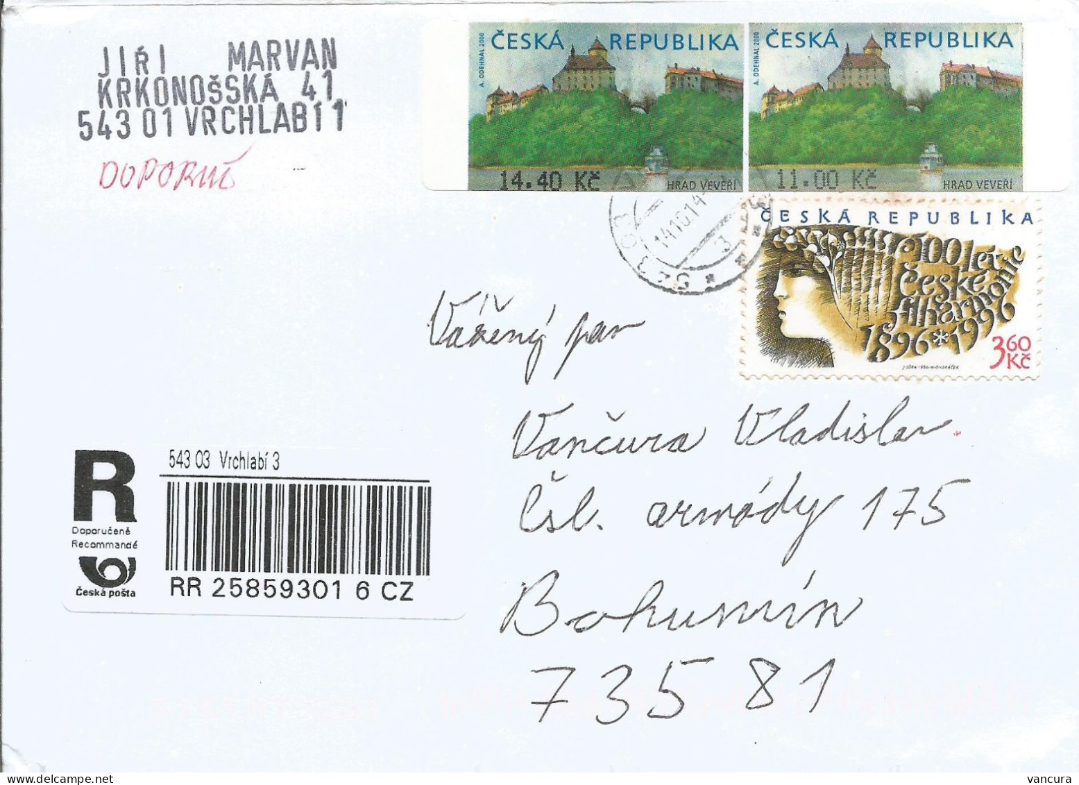 R Envelope Czech Republic FRAMA Stamps Used In Vrchlabi In 2014 - Machine Labels [ATM]