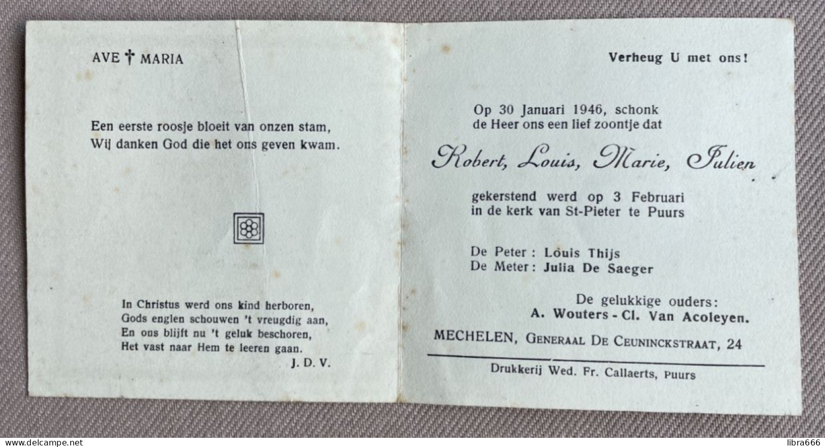 Robert Louis Marie Julien WOUTERS - °PUURS St-Pieter  1946 - VAN ACOLEYEN - THIJS - DE SAEGER / MECHELEN - Geboorte & Doop