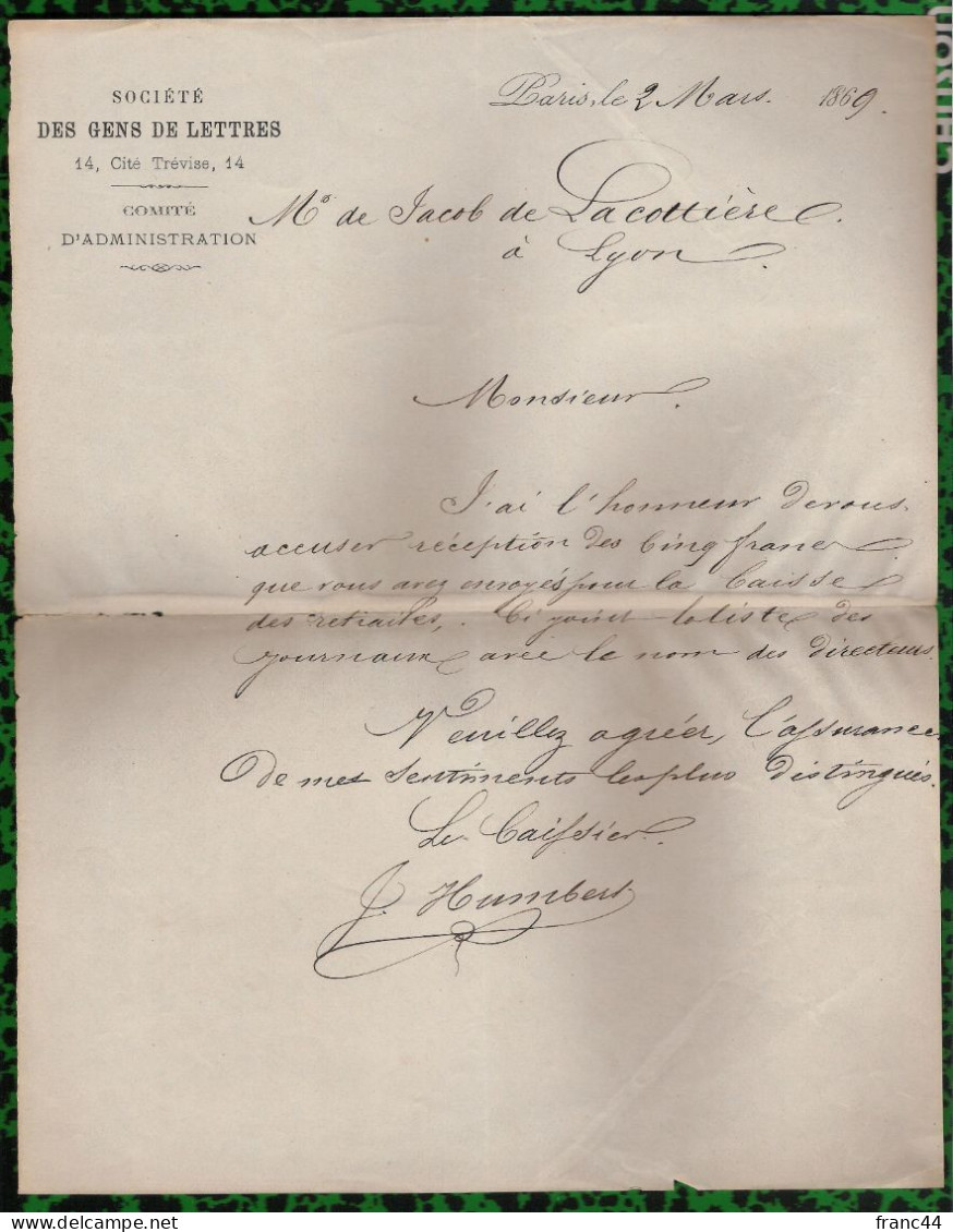 Lot De 2 L.A.S. à Entête De La Société Des Gens De Lettre (1866 Et 1869) - Writers