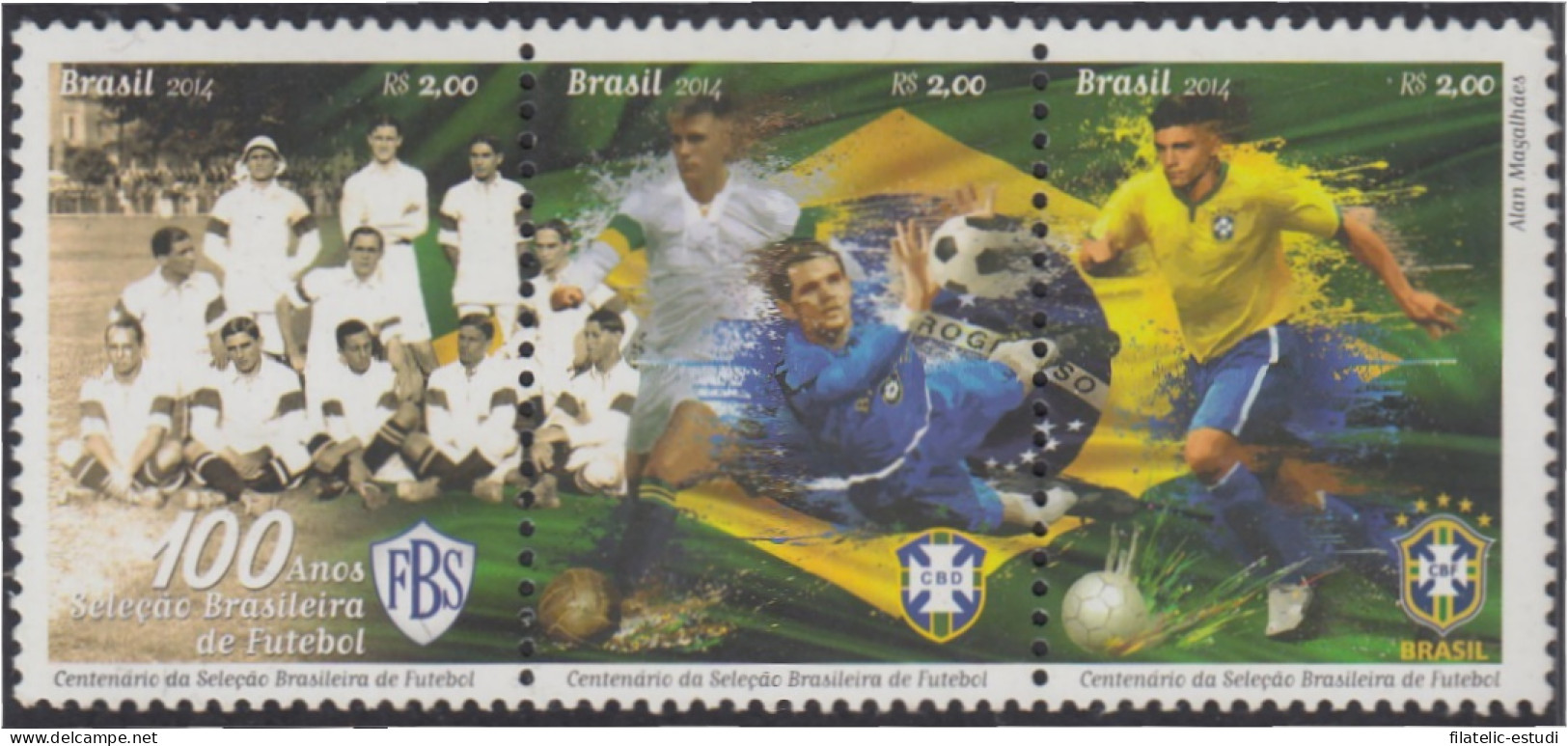 Brasil Brazil 3347/49 2014 100 Años De La Selección De Fútbol Brasileña MNH - Andere & Zonder Classificatie