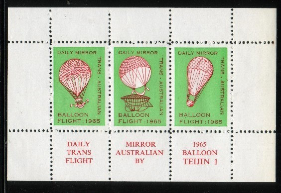 AUSTRALIA 1965 DAILY MIRROR TRANS AUSTRALIAN BALLOON FLIGHT BY TEIJIN 1 SHEETLET MNH - Blocks & Kleinbögen