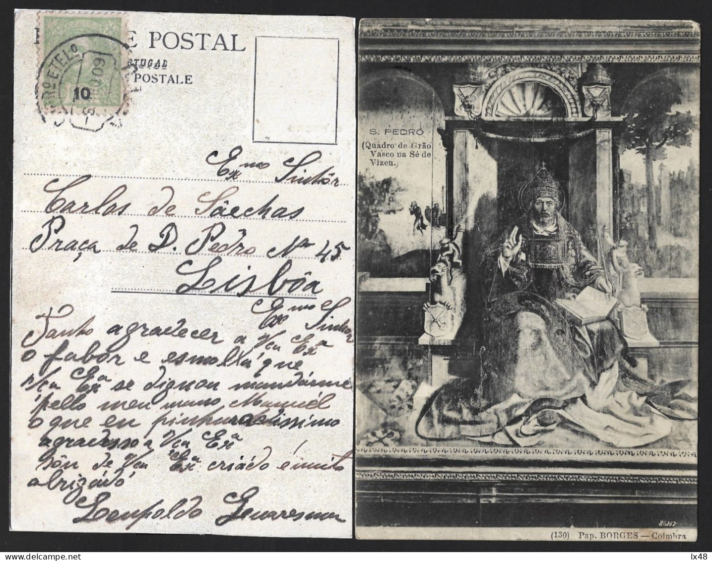 Postal Com Pintura 'S. Pedro' Quadro De Grão Vasco, Na Sé Viseu. Selo De 10 Rs D. Carlos Obliterado Em 1909 Em Viseu. - Brieven En Documenten