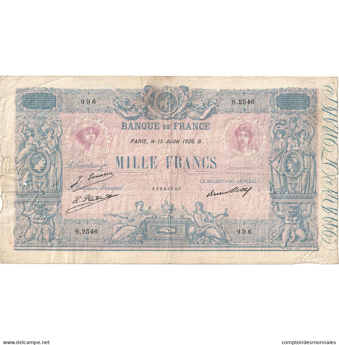 France, 1000 Francs, Bleu Et Rose, 1926, S.2546, TB, Fayette:36.43, KM:67k - 1 000 F 1889-1926 ''Bleu Et Rose''